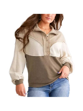 BKE By Buckle Pieced Henley Pullover Sz M Cream Tan Brown 1/4 Snap Down Clean